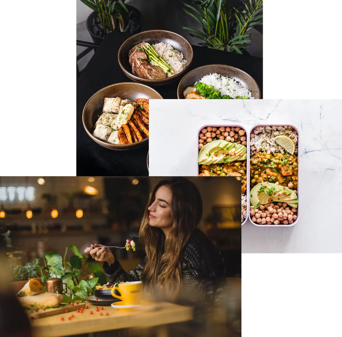 Woman enjoy food, meals in storage containers, food bowls on a table